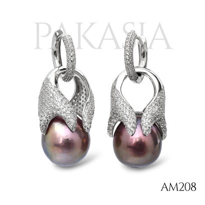 Approx. 13.0 -14.0 mm, Ripple Pearl, Hoop Earrings with CZ Claw Pearl Jacket