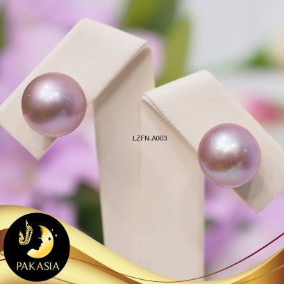 ต่างหูติดหู มุกเม็ดเดี่ยว มุกน้ำจืดคัดเกรด สีม่วง ทรงกลม ขนาด 10 mm เกรด AA+ ตัวเรือนเงินแท้ 92.5 ชุบ Pink Gold / LZFN-A063