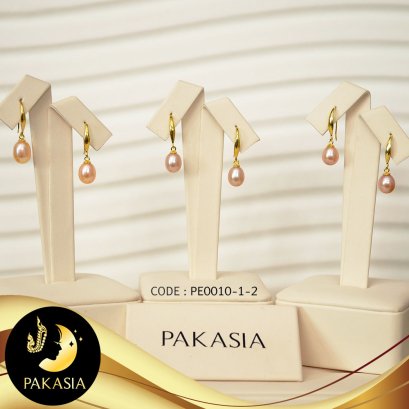 ต่างหู Fish Hooks มุกน้ำจืดคัดเกรด สีพีช ทรงหยดน้ำ ขนาด 7-8 mm เกรด AA+ ตัวเรือนเงินแท้ 92.5 ชุบทอง / E808