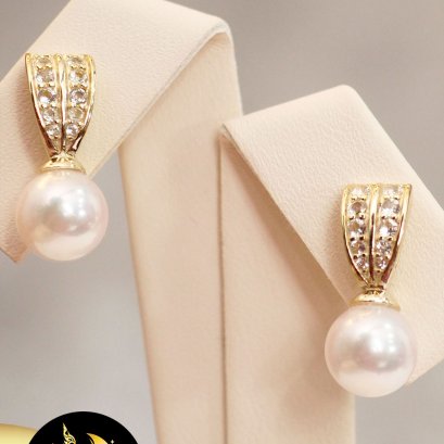 ต่าางหูPakasiaใบเรือ  [เงินชุบทอง] มุกแท้อโกย่ากลมขาวประกายชมพู AA+ ขนาด 7-7.5mm. / SN0800YE331