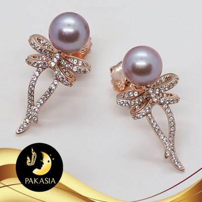 ต่างหูPakasiaโบว์ปลายยาว พลอยแท้ ไวท์ โทแพซ [เงินชุบพิ้งค์โกลด์] มุกแท้ยูนิโอ้กลมม่วง AA+ ขนาด 9-9.8mm. / SN0858YE122