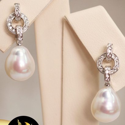 ต่างหูวงรี+วงกลม  [เงินชุบทองคำขาว] มุกแท้น้ำจืดบาร็อคขาว AA+ ขนาด 8-9mm. / SN0115YE359