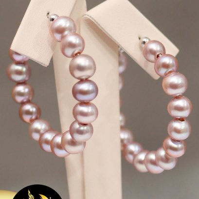 ต่างหูห่วง  [เงินชุบทองคำขาว] มุกแท้น้ำจืดกลมม่วง AAA ขนาด 6mm. / SN430YE378