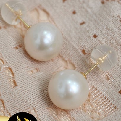 [Gold18K] ต่างหูติดหู(ทับซิลิโคนหุ้มทอง)  น้ำจืดบาร็อคขาว  11mm AA+ / SN0550YG155