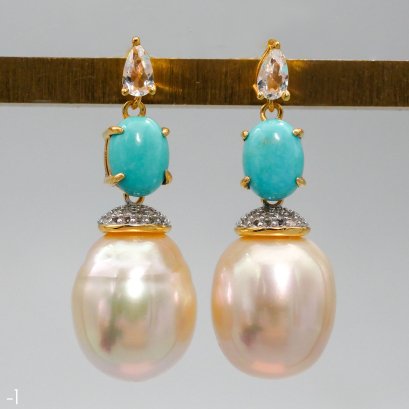 Approx. 13.0 mm, Gold South sea Pearl, Stud Turquoise Dangle Pearl Earrings