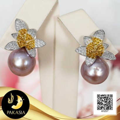 ต่างหูไข่มุก Ripple Pearl ใบไม้ประดับเพชร 2 สี ไข่มุก Ripple Pearl น้ำจืดคัดเกรด สีม่วง ทรงบารอก ขนาด 11 mm เกรด AA+ ตัวเรือนใบไม้เงินแท้ 92.5 ชุบทองคำขาว ประดับเพชร CZ 2 สี / 28.4.64