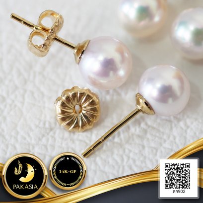 ต่างหู Stud ติดหู ไข่มุกเม็ดเดี่ยว ไข่มุก Akoya น้ำเค็มคัดเกรดพิเศษ สีขาว ทรงกลม ขนาด 5.0-6.0 mm เกรด AAA Luster ดีเยี่ยม ตัวเรือนต่างหู ทับหลัง Lollipop Gold Filled 14k / 23.2.65