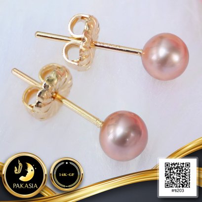 ต่างหู Stud ติดหูไข่มุกเม็ดเดี่ยว ไข่มุกน้ำจืดคัดเกรด สีม่วง ทรงเกือบกลม-กลม ขนาด 3.5-4.0 mm เกรด AA+ Luster ดีเยี่ยม ตัวเรือนก้านต่างหูแบบ Stud ทับหลัง Lollipop วัสดุ Gold Filled 14K / 27.2.65