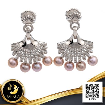 ต่างหู Scallop ระย้าห้อยไข่มุก 4 เม็ด ไข่มุก Freshwater Pearl สายพันธุ์น้ำจืดคัดเกรด สีม่วง ทรงกลม ขนาด 6.0 mm เกรด AAA ตัวเรือนต่างหู วัสดุเงินแท้ 925 ชุบสีทองคำขาว ประดับพลอยแท้ White Topaz / 22.5.65
