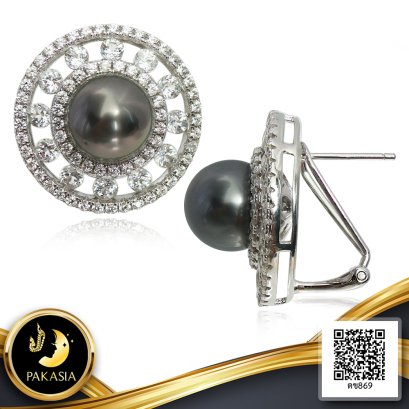 ต่างหูไข่มุก Collection "วงล้อเพชร" ไข่มุก Tahitian Pearl สีเทา