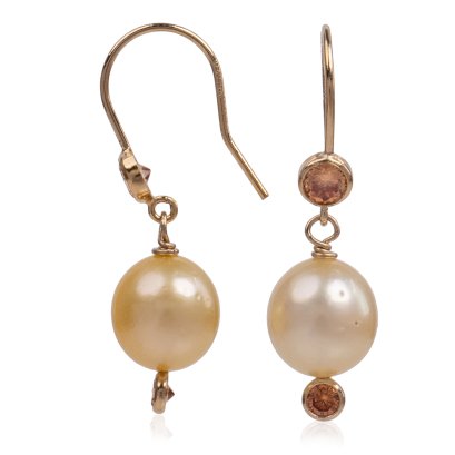 ต่างหู Fish Hooks เพชร CZ ทรงกลม ห้อยไข่มุก South Sea