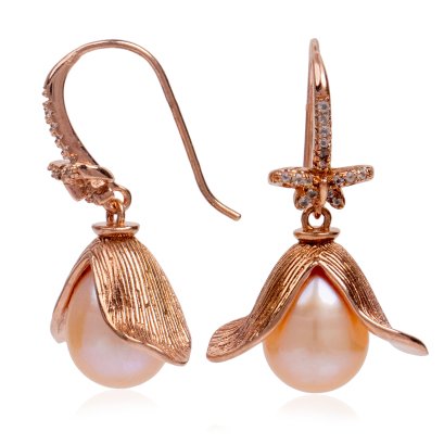 ต่างหูโบว์ประดับเพชร ห้อยลูกไม้ไข่มุก Freshwater Pearl