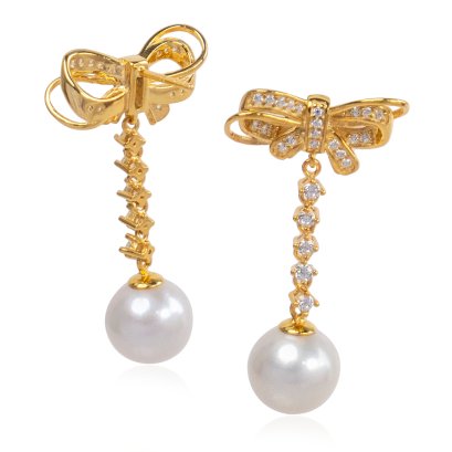 ต่างหูโบว์สายเพชรห้อยไข่มุก Edison