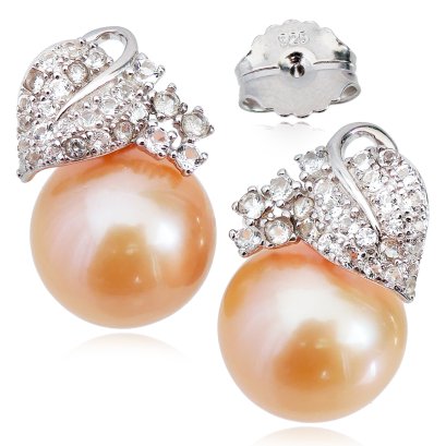 ต่างหูไข่มุก Edison "ช่อองุ่น ใบใหญ่ ประดับพลอยแท้"