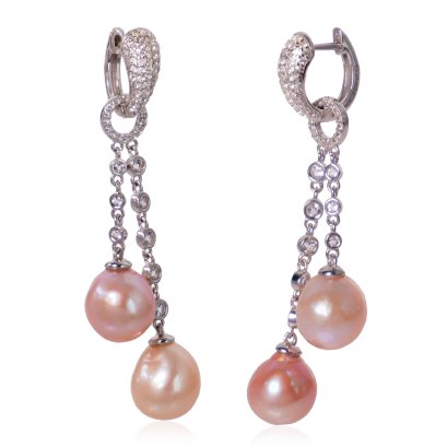 ต่างหู "ลิ่มเพชรห่วงโดนัท พลอย 2สาย" ห้อยไข่มุก Ripple Pearl