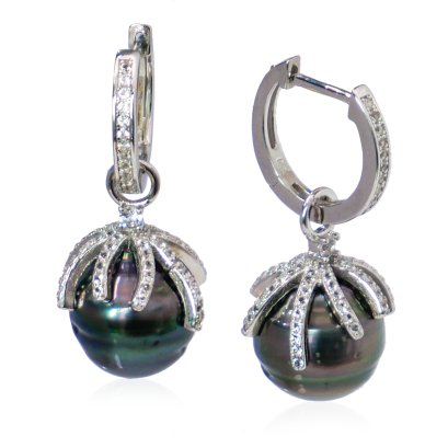 ต่างหูควั่นมะพร้าวประดับพลอยแท้ ห้อยไข่มุก Tahitian Pearl