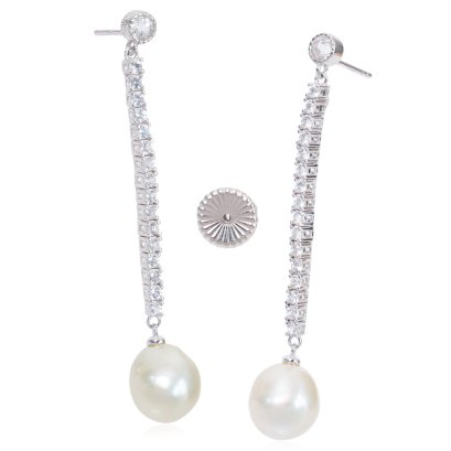 Approx. 11.0 mm, Gold South Sea Pearl, White Topaz Head Dangle Pearl Stud Earrings