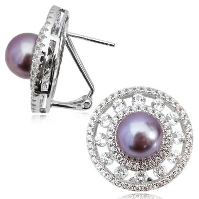 ต่างหูไข่มุก "วงล้อเพชร" ไข่มุก Edison สีม่วง