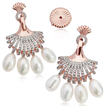 ต่างหู Scallop ระย้าห้อยไข่มุก Freshwater Pearl 4 เม็ด