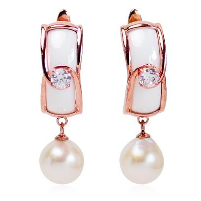ต่างหู Latch Back Ceramic ประดับเพชร ห้อยไข่มุก Akoya Pearl