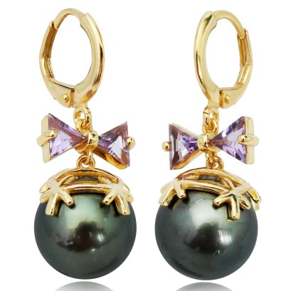 ต่างหู Lever Back ห้อยโบว์พลอยแท้ Amethyst ห้อยไข่มุก