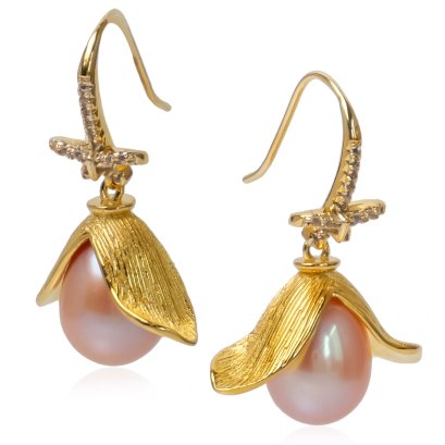 ต่างหูโบว์ประดับเพชร ห้อยลูกไม้ ไข่มุก Freshwater Pearl