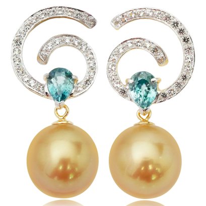 ต่างหู ก้นหอย ประดับพลอยเเท้ ห้อยไข่มุก South Sea