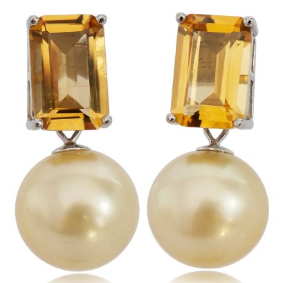 ต่างหูเพตราพลอยแท้ Citrine ห้อยไข่มุก South Sea