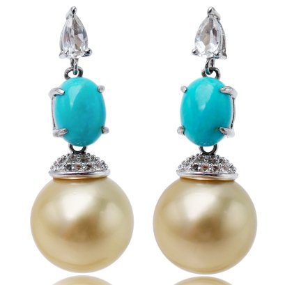 12.16 mm and 12.28 mm, Gold South Sea Pearl, Turquoise Earrings