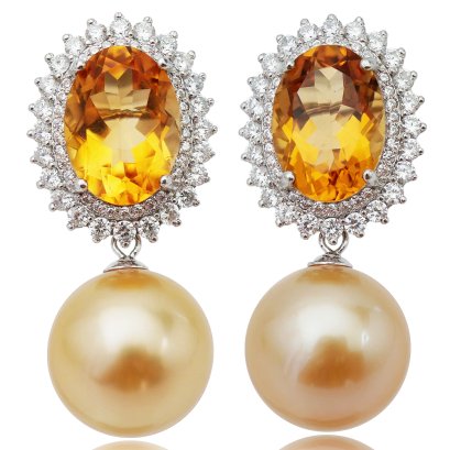 14.0 - 14.5 mm , South Sea Pearl, Cocktail Citrine Jacket Earrings