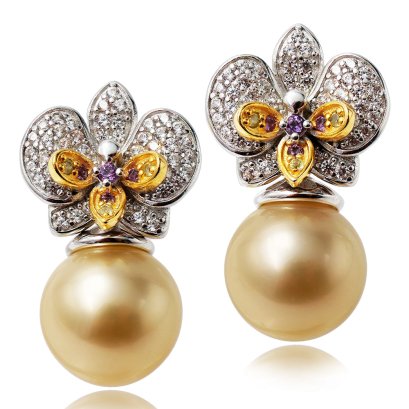 Approx.12.0 - 12.5 mm, South Sea Pearl,  Cattleya Orchid Jacket Pearl Stud Earrings
