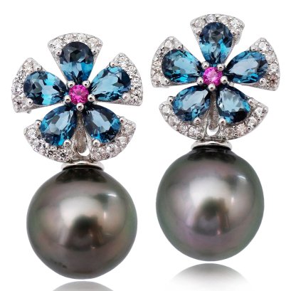 Approx. 8.9 - 9.5 mm , Tahitian Pearl ,  London Flora Pearl Earrings