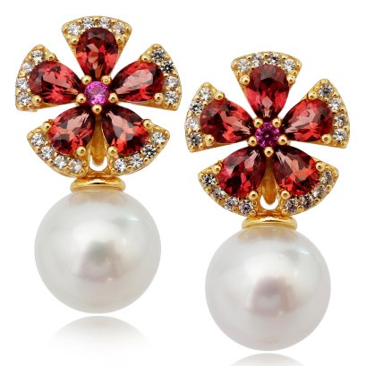 Approx. 8.5 mm , South Sea Pearl ,  Pink Garnet Flora Earrings