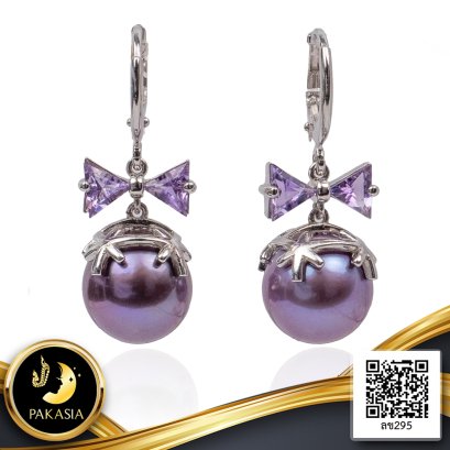 ต่างหู Lever Back ห้อยโบว์พลอยแท้ Amethyst ตะกร้อ Locket ไข่มุก/ 24.7.65