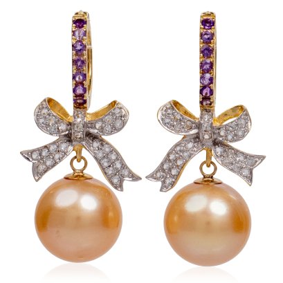 ต่างหู Huggie โบว์ประดับพลอยแท้ ห้อยไข่มุก South Sea