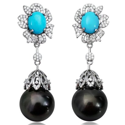 Approx. 15.0 mm, Tahitian Pearl, Blue Duchess Collection Dangle Pearl Earrings
