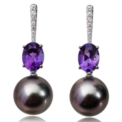(GIA) 10.95 mm and 10.92 mm Tahitian Pearl Diamond Dangle Earrings