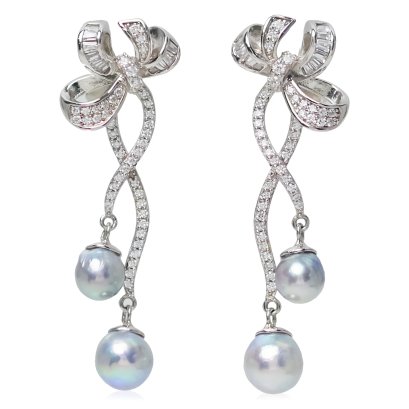 ต่างหูโบว์ยาวหางไขว้ ไข่มุก Akoya Pearl