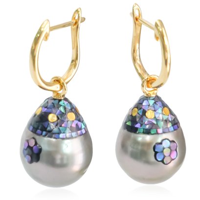 11.30 mm and 11.59 mm, Maki-e Tahitian Pearl, Latch Back Earrings