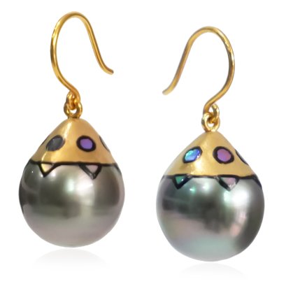 11.40 mm and 11.70 mm, Maki-e Tahitian Pearl, Fish Hooks Earrings