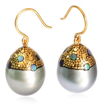 11.35 mm and 11.55 mm, Maki-e Tahitian Pearl, Fish Hooks Earrings