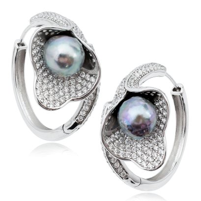 8.0 - 9.0mm, Akoya Pearl, Cella Lilly Hoop Earrings
