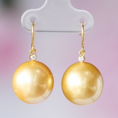 14.45 - 14.62 mm, Gold South Sea Pearl, Fish Hooks Diamond Earrings
