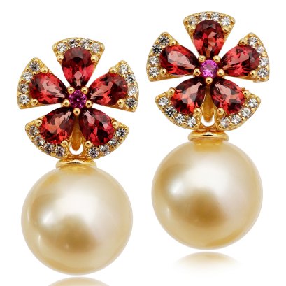 Approx. 13.0 mm, South Sea Pearl, Pink Garnet Flora Jacket Pearl Earrings