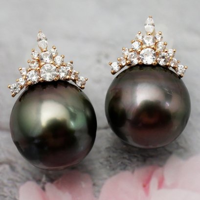 (PSL) Approx.12.6 mm, Aurora Peacock, Crown Gems Pearl Stud Earrings