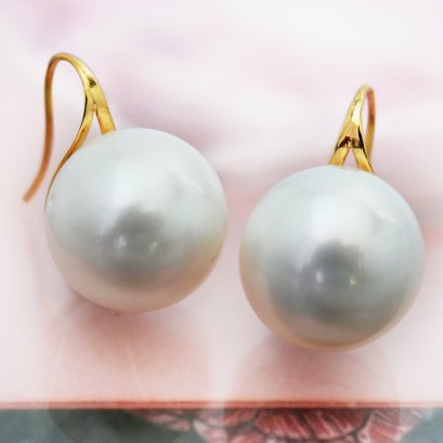Approx. 14.0 mm Up, White South Sea Pearl, Fish Hooks "Spoon" Earrings