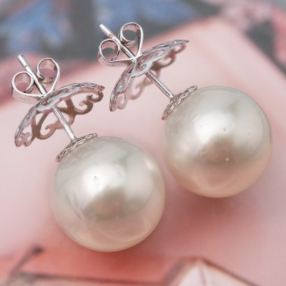 Approx. 14.0 mm Up, White South Sea Pearl, Stud Earrings
