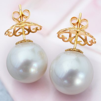 Approx.14.0 mm, White South Sea Pearl, Stud Earrings