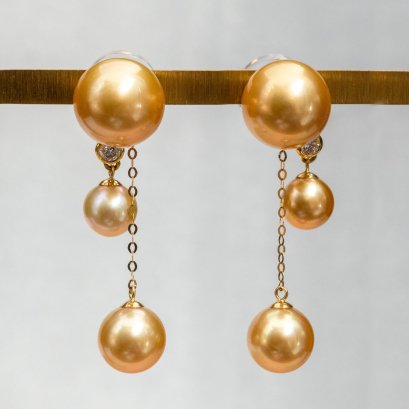 7.48 - 11.87 mm, Gold South Sea Pearl (Gold Mine II), Trio Pearls Dangle Chain Earrings