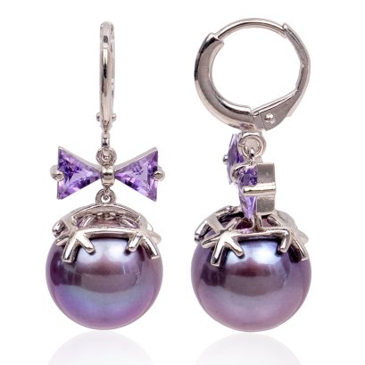 ต่างหู Lever Back ห้อยโบว์พลอยแท้ Amethyst ตะกร้อ Locket ไข่มุกดาวกระจาย ไข่มุก Edison สีม่วง / 31.7.65